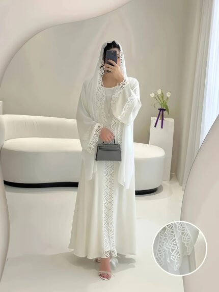 الشرق الأوسط العرقية نمط أنيق مفتوح الجبهة بلون رداء جديد مسلم فضفاض مريح تنفس عطلة الشاطئ سترة بيضاء دبي السعودية التقليدية طويلة الأكمام فستان رائع الدانتيل سترة مهرجان الحفلات بما في ذلك الحجاب