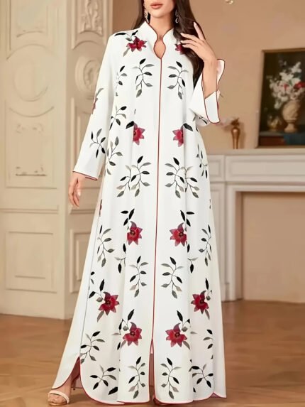 "تنورة طويلة أنيقة للسيدات بتصميم إسلامي لرمضان والعيد، بياقة على شكل V وأكمام طويلة وقصة فضفاضة على شكل حرف A مع شق في الحاشية "